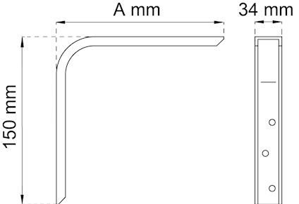 Skiss av en L-formad metallvinkel med måtten 150 mm x A mm x 34 mm, med tre hål på den vertikala sidan.