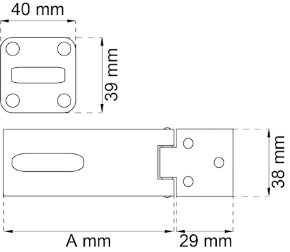 Ritning av en metallbeslag med mått: 40 mm x 39 mm, 38 mm x 29 mm, och märkning av "A mm" på en längre sektion.