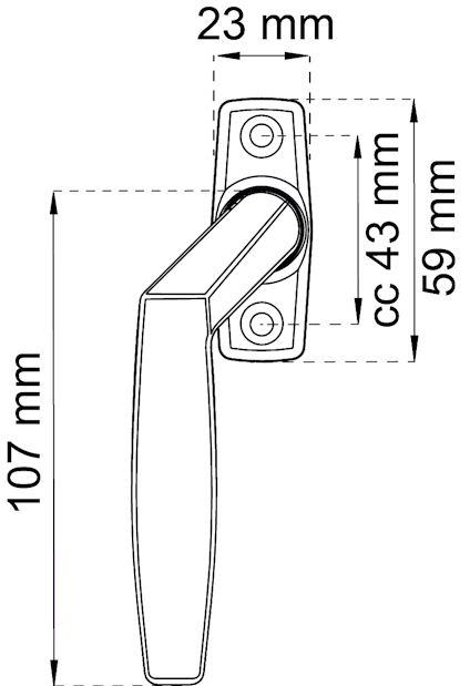 Fönsterhandtag med mått: längd 107 mm, bredd 23 mm, centrumavstånd 43 mm, totalt 59 mm.