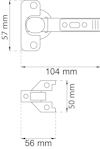 Teknisk ritning av ett gångjärn med måtten 57x104 mm och 56x50 mm.