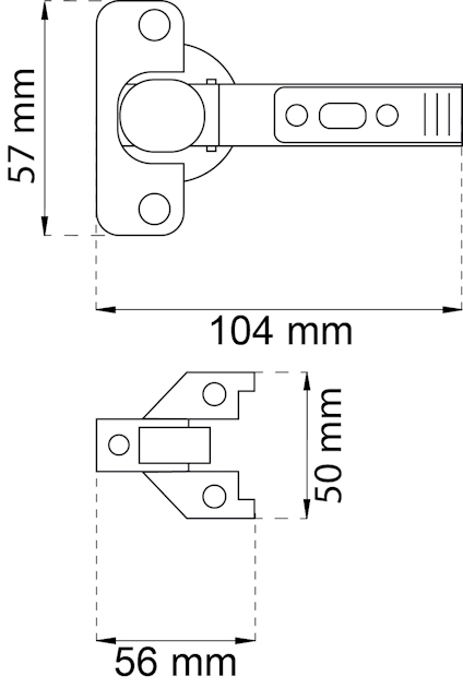 Teknisk ritning av ett gångjärn med måtten 57x104 mm och 56x50 mm.