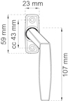 Ritning av ett fönsterhandtag med måtten 107x23 mm, cc 43 mm, platta 59x23 mm.