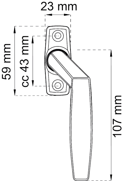 Ritning av ett fönsterhandtag med måtten 107x23 mm, cc 43 mm, platta 59x23 mm.