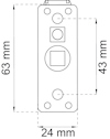 Diagram av en rektangulär dosa med höjd 63 mm och bredd 24 mm, innehåller cirkulära utskärningar.