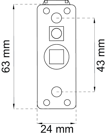 Diagram av en rektangulär dosa med höjd 63 mm och bredd 24 mm, innehåller cirkulära utskärningar.