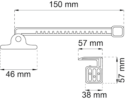 Ritning av ett monteringsfäste med mått: längd 150 mm, bredd 57 mm, höjd 46 mm och 38 mm.