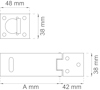 Ritning av metallfäste med mått: 48 mm x 38 mm, 42 mm, och A mm.