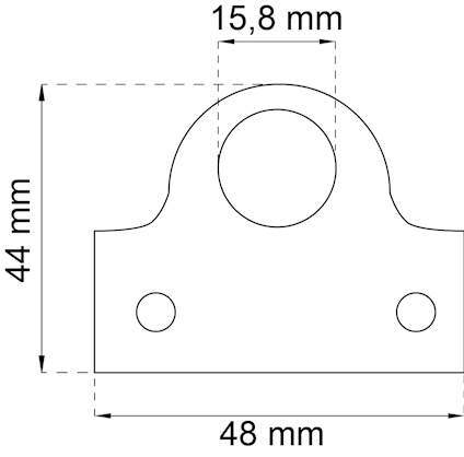 Ritning av metallfäste med måtten 44 mm hög, 48 mm bred, hål 15,8 mm i diameter. Två mindre hål nederst.