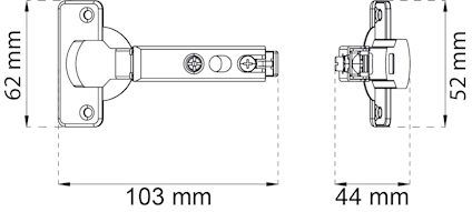Ritning av gångjärn med mått: 62 mm, 103 mm, 44 mm, 52 mm.