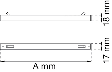 Ritning av en platt, rektangulär komponent sedd från sidan och framsidan med måttangivelser: 18 mm och 17 mm.