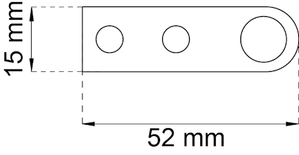 Ritning av en rektangulär metallplatta med tre hål. Mått: 52 mm och 15 mm.