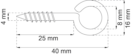 Ritning av en ögonskruv med måtten: längd 40 mm, skruvlängd 25 mm, diameter 8 mm, total höjd 16 mm.