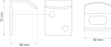 Teknisk ritning av en komponent med mått: 72 mm höjd, 60 mm längd, och 50 mm bredd.