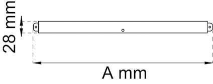 Ritning av en rektangulär metallstång med längden markerad som "A mm" och höjden som 28 mm.
