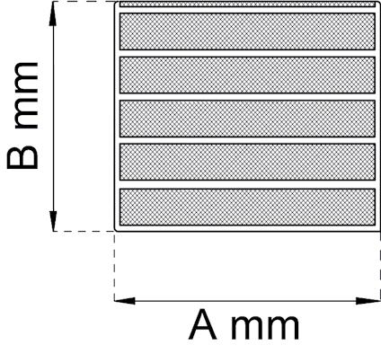 Diagram av en rektangel med måtten A mm och B mm samt horisontella linjer inuti.
