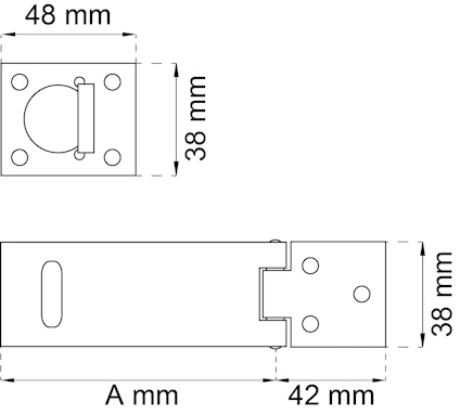 Ritning av ett metallbeslag med mått: 48x38 mm, 42 mm och en justerbar längd markerad som A mm.