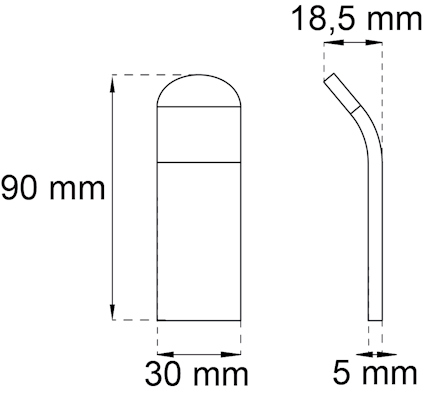 Ritning av en cylinderformad komponent med måtten 90 mm hög och 30 mm bred. En böjd del är 18,5 mm.