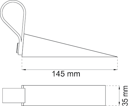 Skiss av en kilformad konstruktion med måtten 145 mm och 35 mm, samt en metallögla i ena änden.