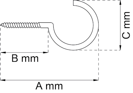 Svartvit skiss av en J-format väggkrok med mått A mm, B mm och C mm markerade.