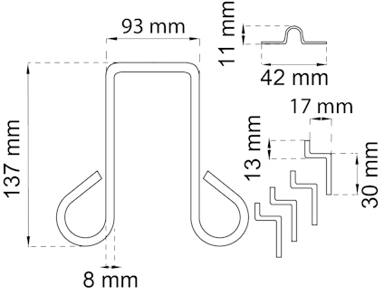 Diagram med mått av en metallprofil: 137x93 mm, tjocklek 8 mm, med sektioner på 11x42 mm, 17x13 mm och 30 mm.