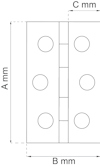 Ritning av en gångjärnsplatta med fyra hål, märkta med mått A, B och C i millimeter.
