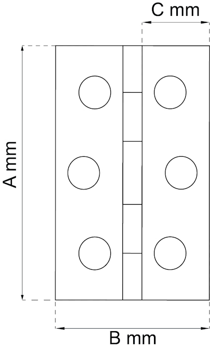 Ritning av en gångjärnsplatta med fyra hål, märkta med mått A, B och C i millimeter.