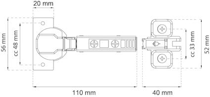 Teknisk ritning av ett gångjärn med måttangivelser: 110 mm, 40 mm, 52 mm, cc 48 mm, cc 33 mm, 56 mm, 20 mm.