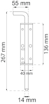 Svartvit ritning av en bult med mått: 267 mm, 55 mm, 136 mm, 40 mm, 14 mm.