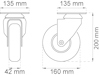 Teknisk ritning av ett hjul med dimensioner: 135 mm, 42 mm, 160 mm, 200 mm.
