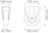 Ritning av hjul med mått: 105 mm bredd, 42 mm djup, 200 mm höjd, 135 mm toppbredd, 160 mm hjuldiameter.