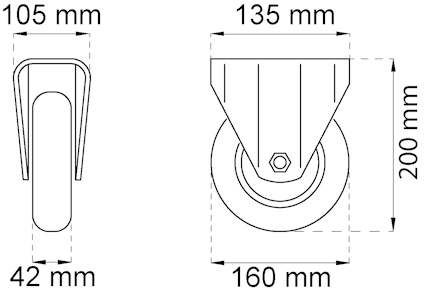 Ritning av hjul med mått: 105 mm bredd, 42 mm djup, 200 mm höjd, 135 mm toppbredd, 160 mm hjuldiameter.