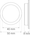 Ritning av rund bricka med innerdiameter 40 mm, ytterdiameter 50 mm och tjocklek 9 mm.