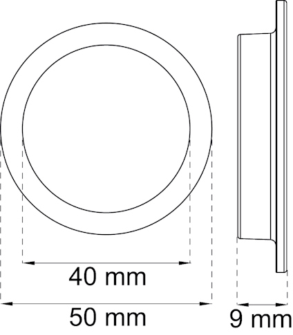 Ritning av rund bricka med innerdiameter 40 mm, ytterdiameter 50 mm och tjocklek 9 mm.
