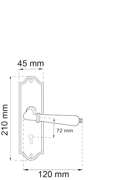 Ritning av dörrhandtag med rektangulär backplatta, mått: 210 mm höjd, 45 mm bredd, 72 mm mellan handtag och nyckelhål, 120 mm totalt.