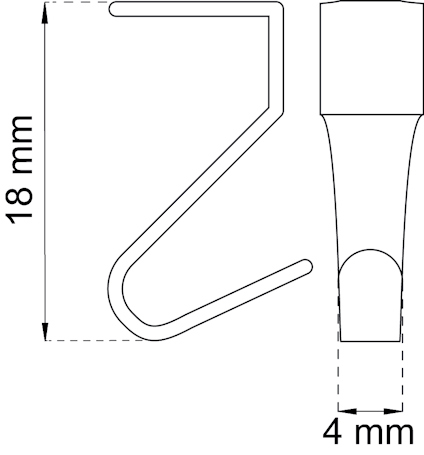 Streckritning av en metallkrok med måtten 18 mm höjd och 4 mm bredd.