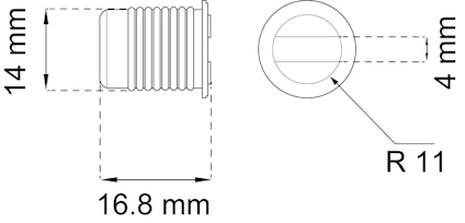 Teknisk ritning av en cylindrisk komponent med måtten 16,8 mm, 14 mm och R 11 mm.