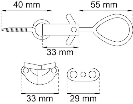 Diagram av krokbeslag med mått: 40 mm, 33 mm, 55 mm, 33 mm, 29 mm.