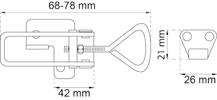 Ritad låsmekanism med mått: 68-78 mm längd, 42 mm bredd, nyckel 21 mm; hake 26 mm bredd med infästningar.