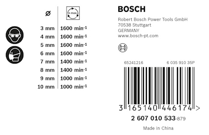 Diagram och text med borrstorlekar och motsvarande min-1 värden; varumärke Bosch, adress i Tyskland, streckkod, "Made in China".