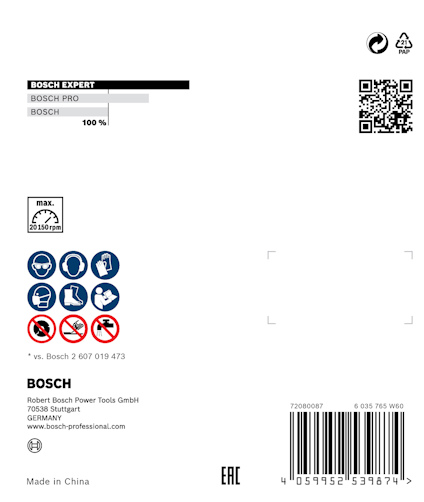 Förpackning med Bosch Expert-symboler, inklusive QR-kod, varning för max 150 rpm och text om Bosch Power Tools. Made in China.