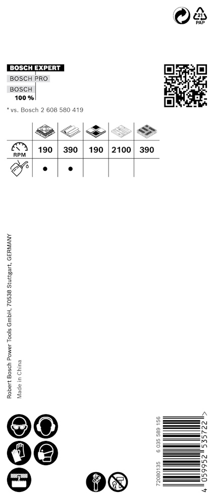 Förpackning med Bosch Expert-borste för trä, 190 mm diameter, streckkod och olika ikoner finns.