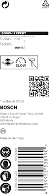 Förpackning med Bosch EXPERT borrex, märkning inklusive QR-kod och texten "Made in Germany".
