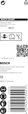 Förpackning med Bosch Expert borra. Innehåller text och streckkod. Made in Germany.