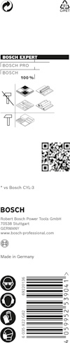 Förpackning av Bosch Expert, innehållande produktinformation och streckkod. Tillverkad i Tyskland.