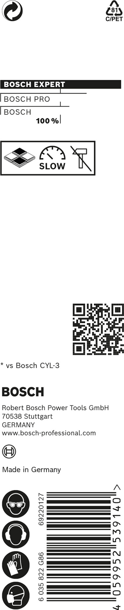 Förpackning med Bosch logotyp, QR-kod, produktsymboler och text "Made in Germany".