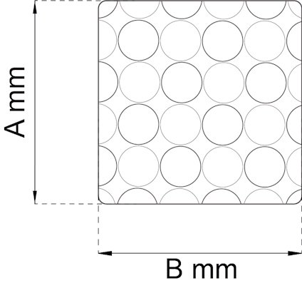 Diagram med cirklar i rutnät. Mått för A och B anges i mm.