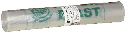 Transparent plastpåserulle med grönt tryck och etikett.