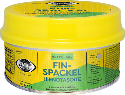 Burk med gul lock och etikett som visar texten "Fin-Spackel Universal" på svenska och finska.