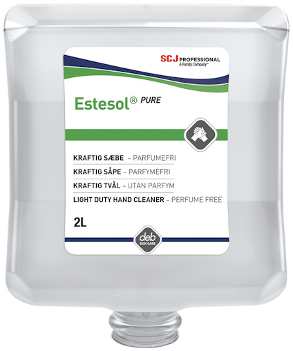 Transparent behållare med etikett som visar "Estesol Pure" och text på flera språk, inklusive "Kraftig tvål – utan parfym", 2L.