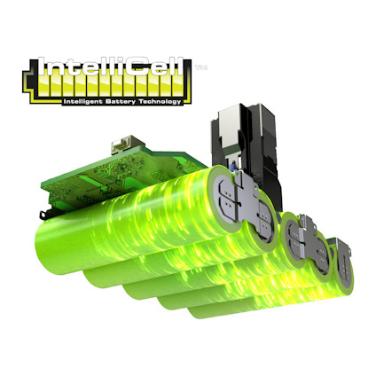 transparant ONE+ batteri av märket RYOBI. Gröna cylindriska celler med kretskort ovanpå, med texten "IntelliCell Intelligent Battery Technology".